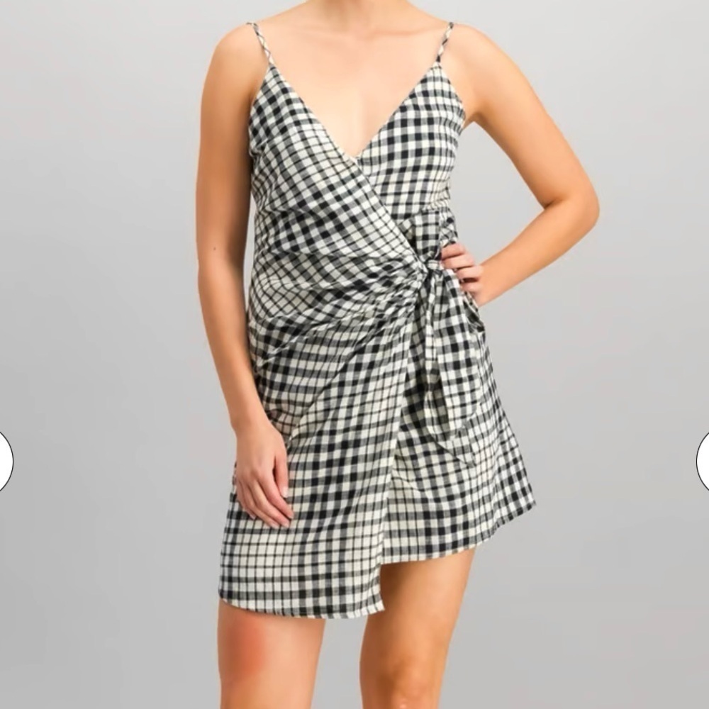 Free People Checkered Nodia Cotton Mini Wrap Dress Black & Ivory Sz 2 NWT